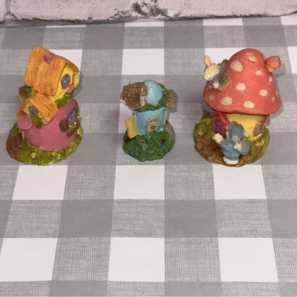 Bunny Rabbits Small Village Figurines Lot of 3 Mushroom Teapot Rabbit Houses